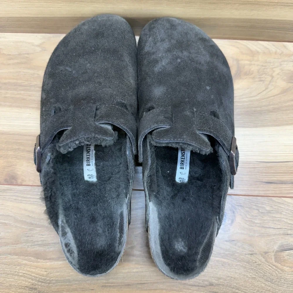 Birkenstock Boston Clogs Fur Lined Mens 10 EU 43 Dark Brown Suede Slip On